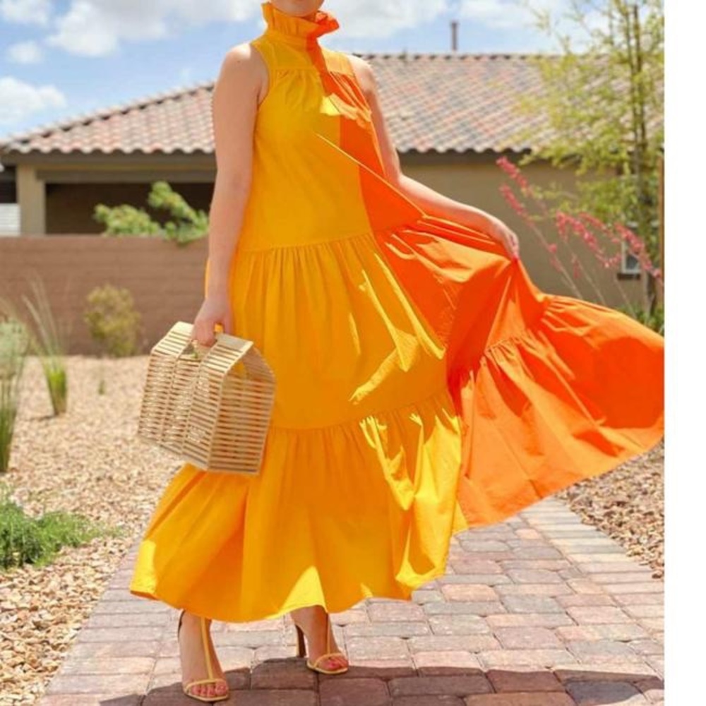 Orange and Yellow Sleeveless Tiered Maxi Dress - Picture 6 of 9